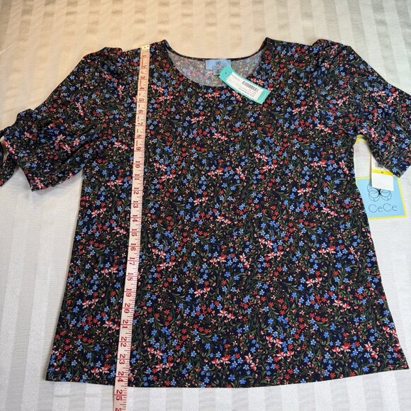 CeCe Floral Roman Tie Short Sleeve Knit Top Sz M NWT - Picture 8 of 12